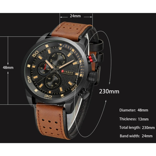 Reloj de pulsera Curren CR 8250 de cuerpo color negro, analógico, para hombre, con correa de cuero color, bisel color black coffee y hebilla enchufe