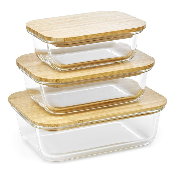 Set 3 Hermeticos Tuppers De Vidrio Con Tapa De Bambu Rectang