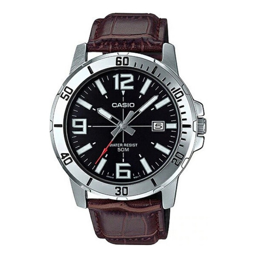 Reloj pulsera Casio MTP-VD01 con correa de cuero color marrón - fondo negro - bisel plateado
