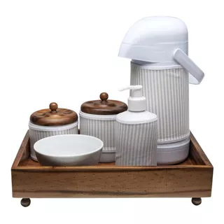 Kit Higiene Madeira Clássico Porcelana Bebê Garrafa Bandeja Cor Bege