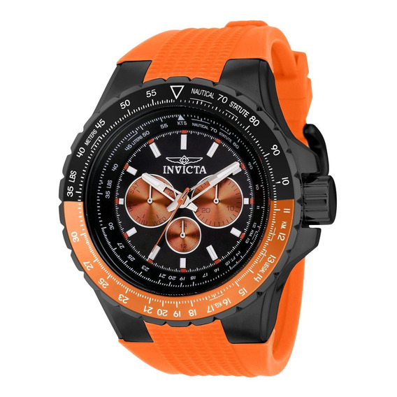 Reloj de pulsera Invicta Aviator 39306 de cuerpo color negro, analógico, para hombre, fondo negro, con correa de silicona color naranja, agujas color plateado, blanco y naranja, dial plateado, blanco 