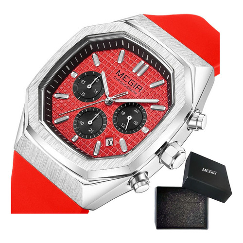 Reloj Cronógrafo Megir Calendar Square Fashion Color De La Correa Rojo