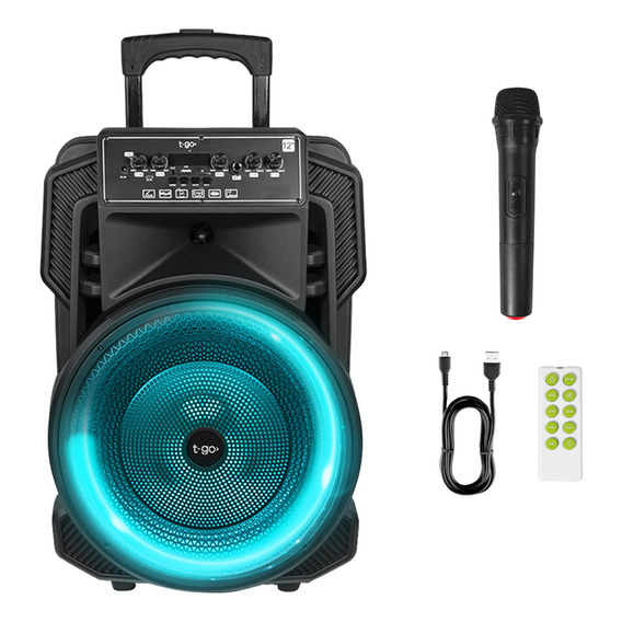 Parlante T-go Sp1210 Portatil Grande Potenciado Bluetooth Woofer 12 Pulgadas 6450wts Con Ruedas Radio Fm Usb + Micrófono Inalambrico + Control Remoto