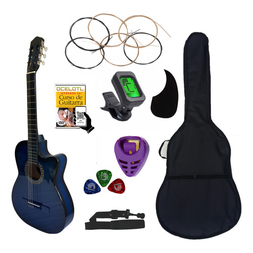 Guitarra Acústica Curva Ocelotl® Paquete Vital De Accesorios Color Azul Orientación De La Mano Derecha