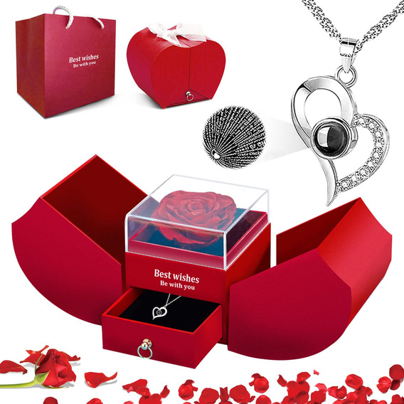 Rosa Eterna Y Collar En Forma De Corazón Para San Valentín