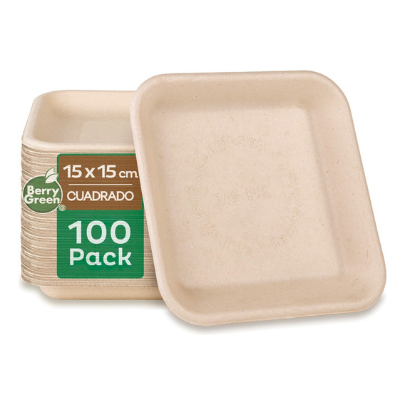 100 Charolas Desechables Platos Cuadrados Biodegradable Liso