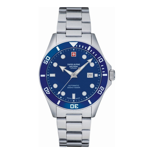 Reloj Swiss Alpine Military Deep Sea Diver 300m 7095.2135sam Malla Plateado Bisel Azul Fondo Azul