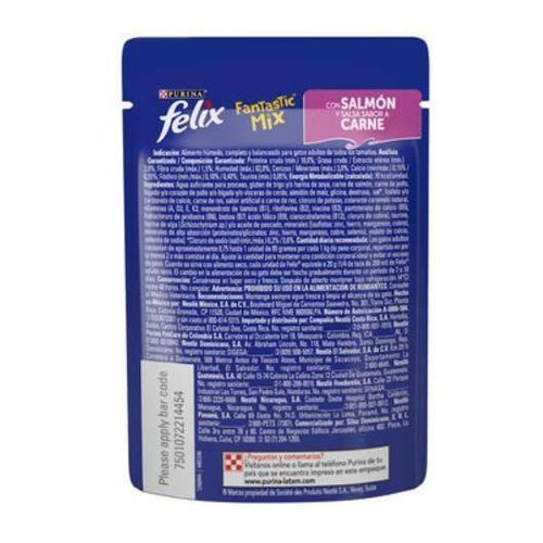 Alimento Felix Fantastic Mix para gato adulto sabor salmón y carne en sobre de 85g