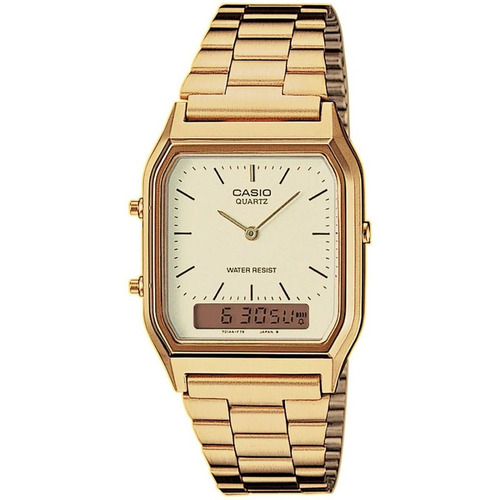 Reloj pulsera Casio AQ-230 con correa de acero inoxidable color dorado - fondo blanco/dorado