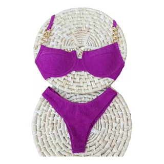 Bikini Tecido Lurex Brilhante Alça Corrente Sustentação Moda