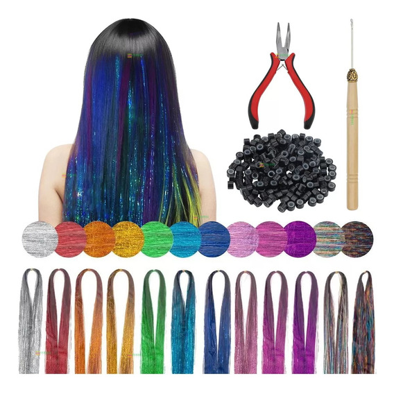 Kit De Extensiones De Glitter Tinsel Para Cabello 120cm