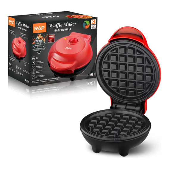 Mini Waflera Maquina Para Hacer Waffles Antiahderente Con Forma Redonda - 500w - 220v/240v - Color Rojo 12x14x18cm Fácilmente Transportable - R.591