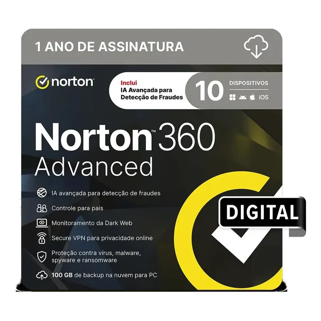 Norton 360 Advanced 100gb 10 Dispositivos 1 Ano (digital)