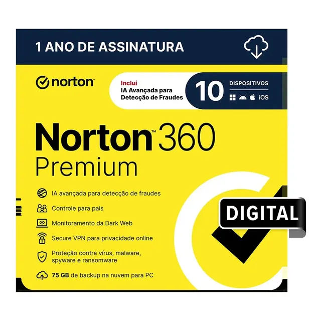 Norton 360 Premium 75gb 10 Dispositivos 1 Ano (digital)