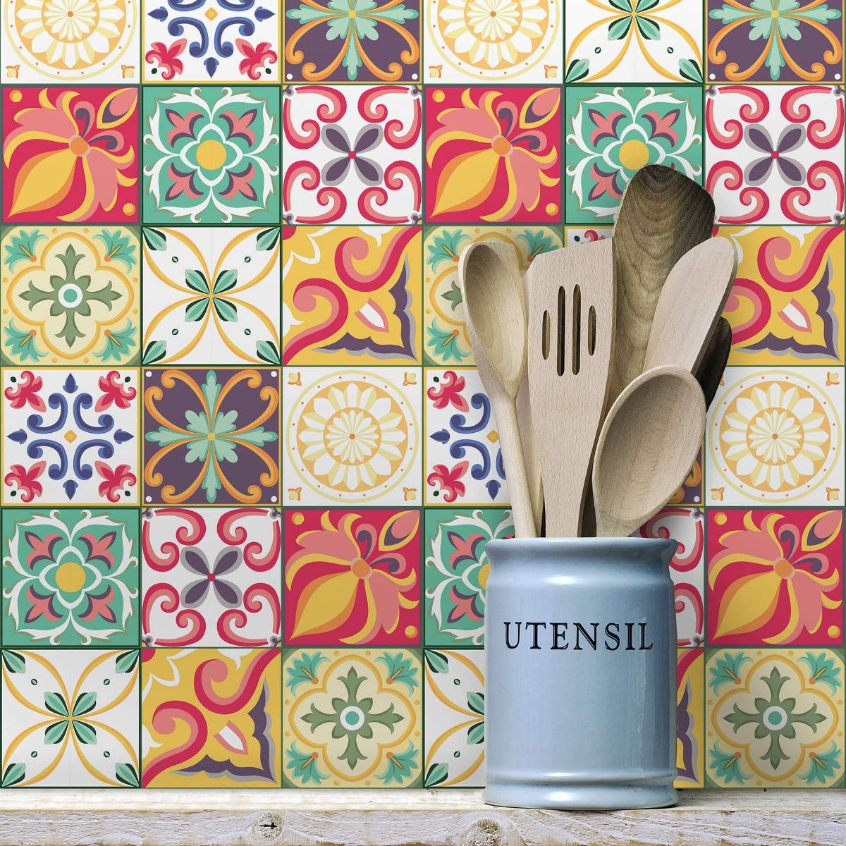 Adesivo De Azulejo Para Cozinha Adesivo Azulejo Cozinha 20x20 Cm 72un Colorido Carmesim - R$ 173,49 em