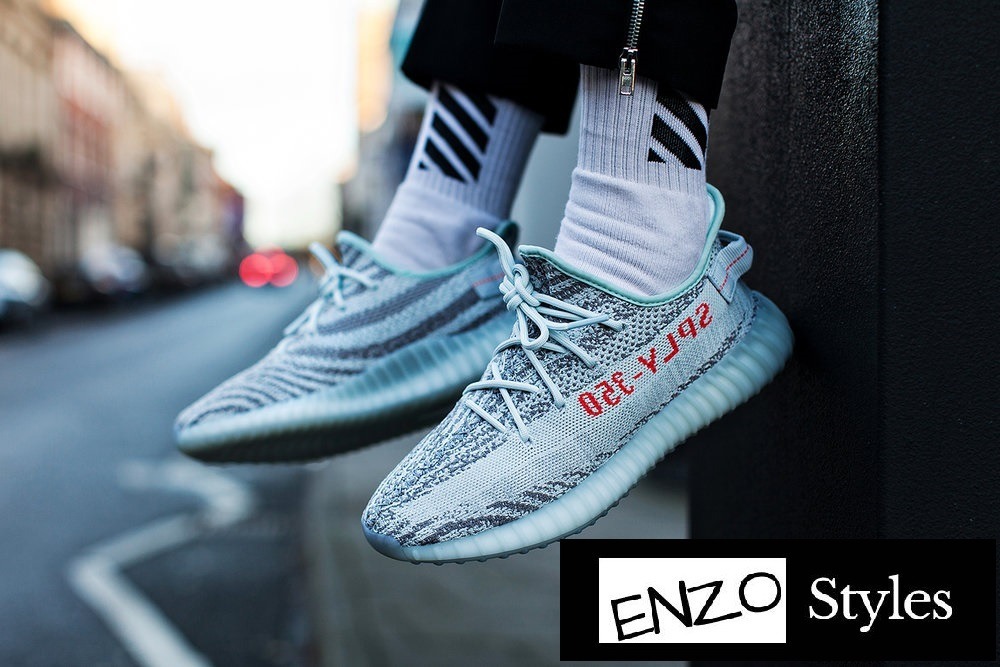 blue tint yeezy on feet