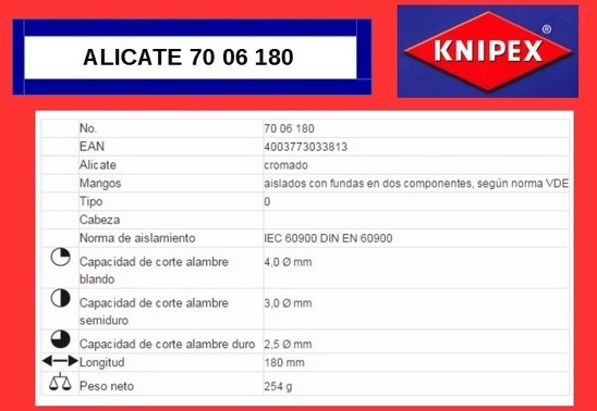 KNIPEX 70 26 160 Alicate de corte diagonal cromado aislados con fundas en dos componentes seg/ún norma VDE 160 mm