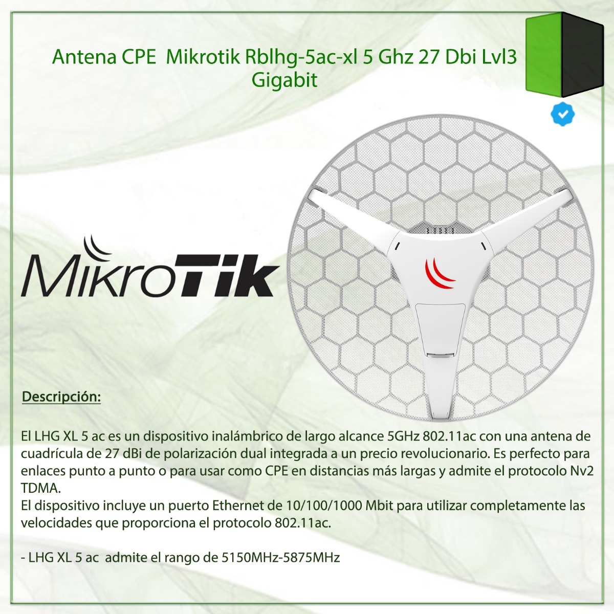 Antena Cpe Mikrotik Rblhg 5ac Xl 5 Ghz 27 Dbi Lvl3 Gigabit