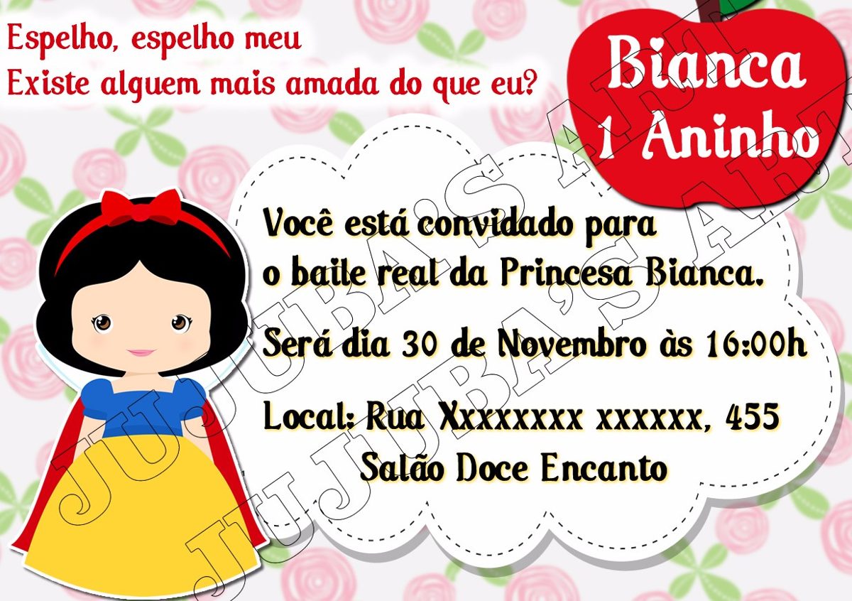arte digital convite branca de neve para imprimir em casa r 15 00