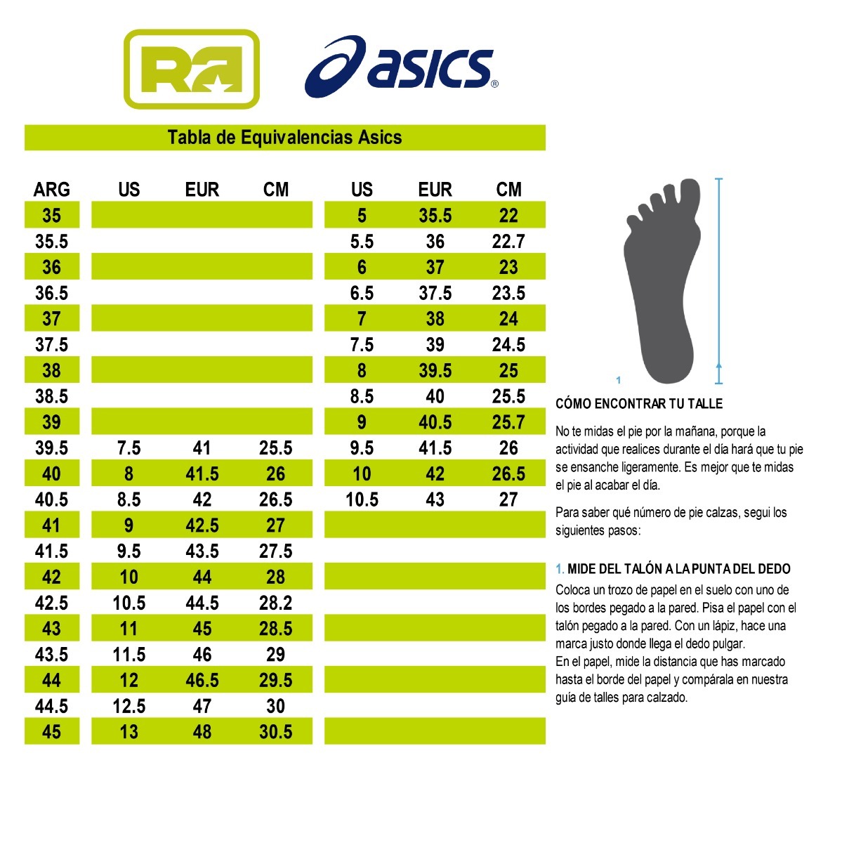 tallas zapatillas asics