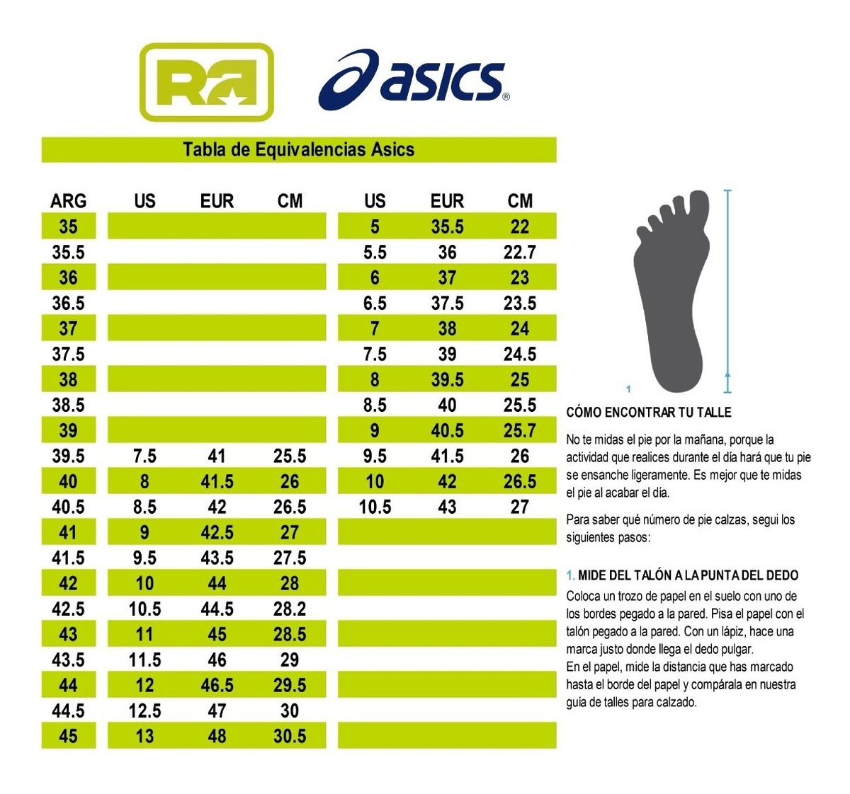 tabla de tallas asics mujer