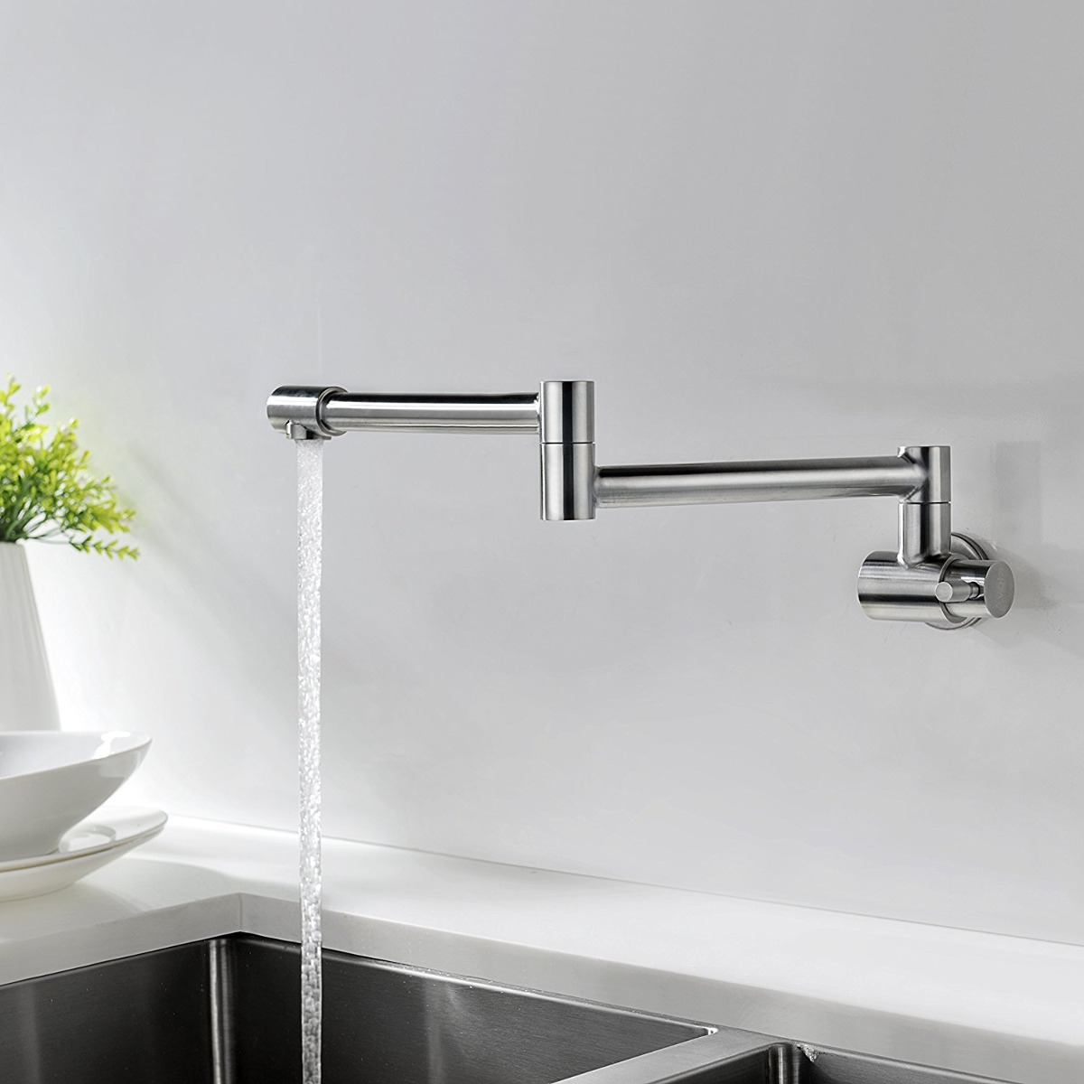 Avola Kitchen Sink Pot Filler Faucet Wall Mount Brushed Nic