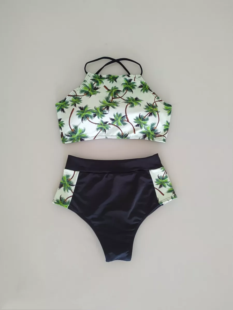 Bangalô Moda Praia | Biquíni Hot Pants Cintura Alta Top Cropped Com Bojo  Coqueiro - R$ 70,00