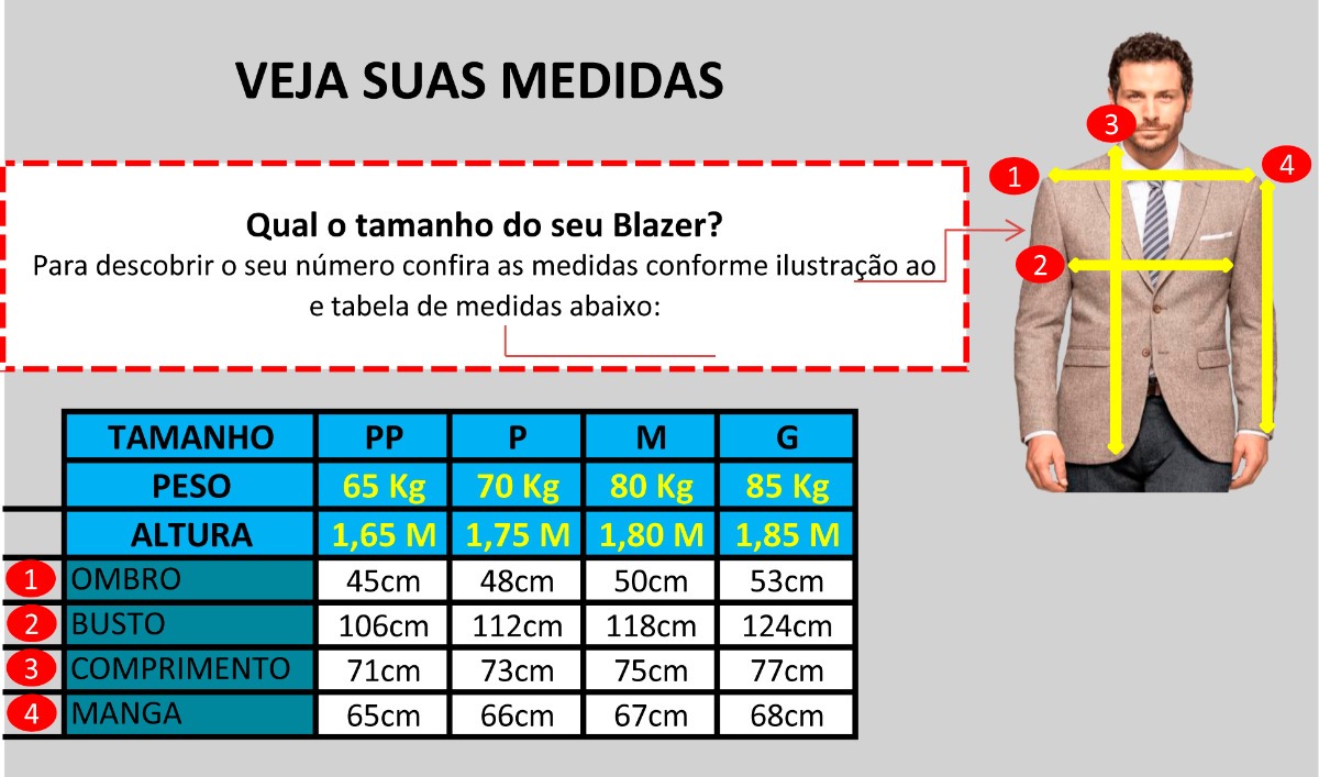 Tabela De Medidas De Blazer Masculino Blazer Masculino Slim Fit Luxo Premium Terno Casual Top 5064 - R$ 184