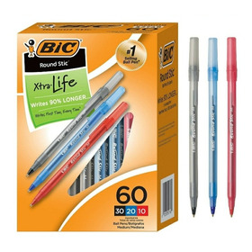 Bolígrafos Bic Round Stic Xtra Life(caja 60 Unid 3 Colores)