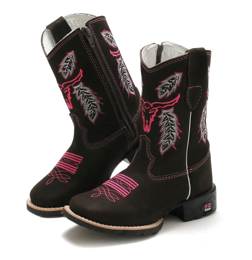 RR Botas | Bota Botina Texana Feminina Infantil Rosa Couro Na Promoção - R$ 130,90