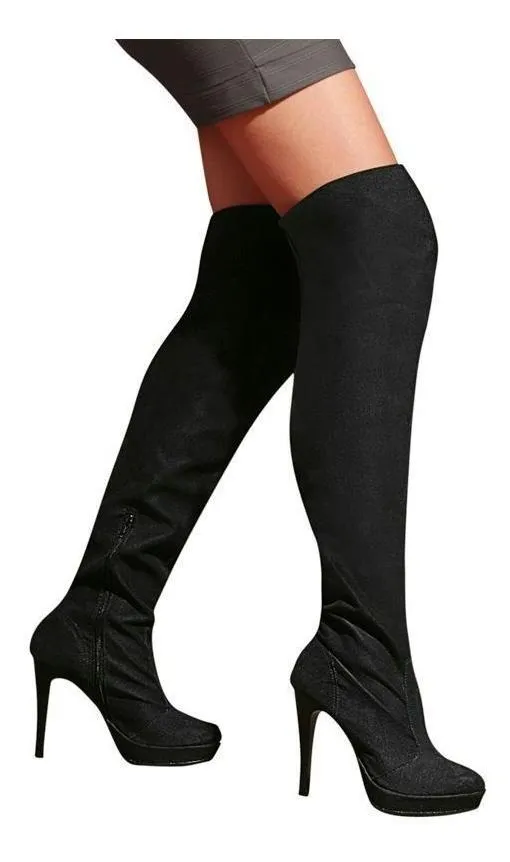 Shop123 | Bota Cano Longo Over Knee Feminina Preta Salto Fenda Camurça - R$ 149,99