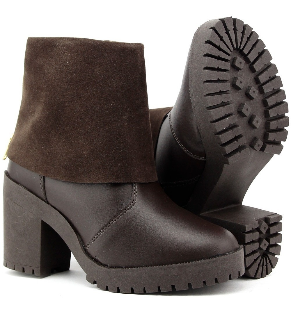 Bota Coturno Feminino Solado Tratorada Café Marrom Ziper Dhl - R$ 69,42 em Mercado Livre