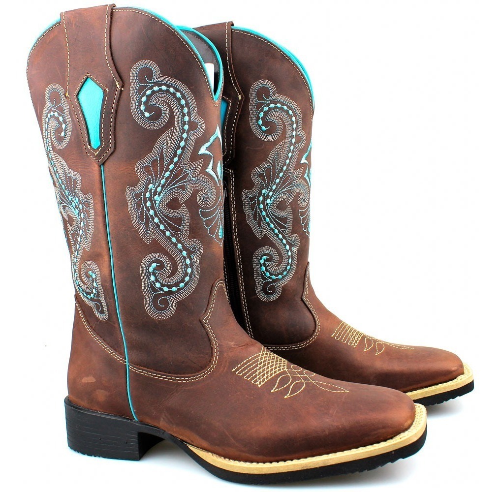 Bota Cano Alto Com Brilho Bota Country Feminina Cano Longo Texana Couro Bordado Cruz - R$ 239,00