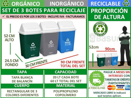 Set 3 Botes De Basura Ecologicos Para Reciclaje De 20 Lt - $ 649.00 en