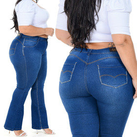 Calça Flare Jeans Feminina Plus Size Cintura Alta Com Lycra 