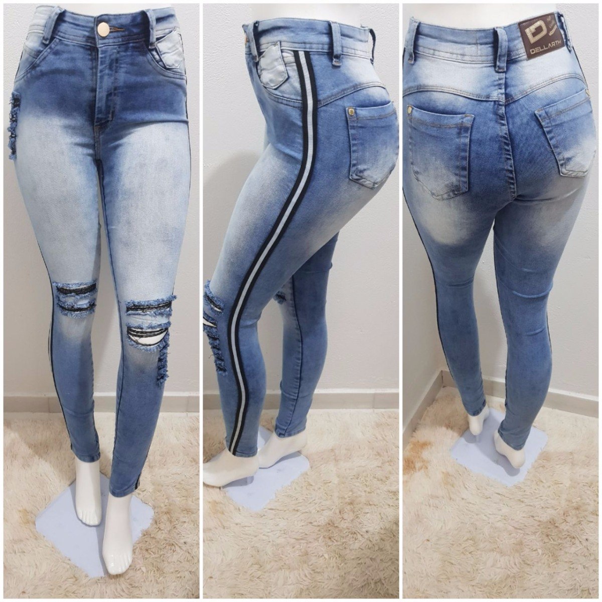 calça jeans feminina com listra do lado