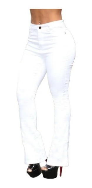 calça jeans branca flare cintura alta