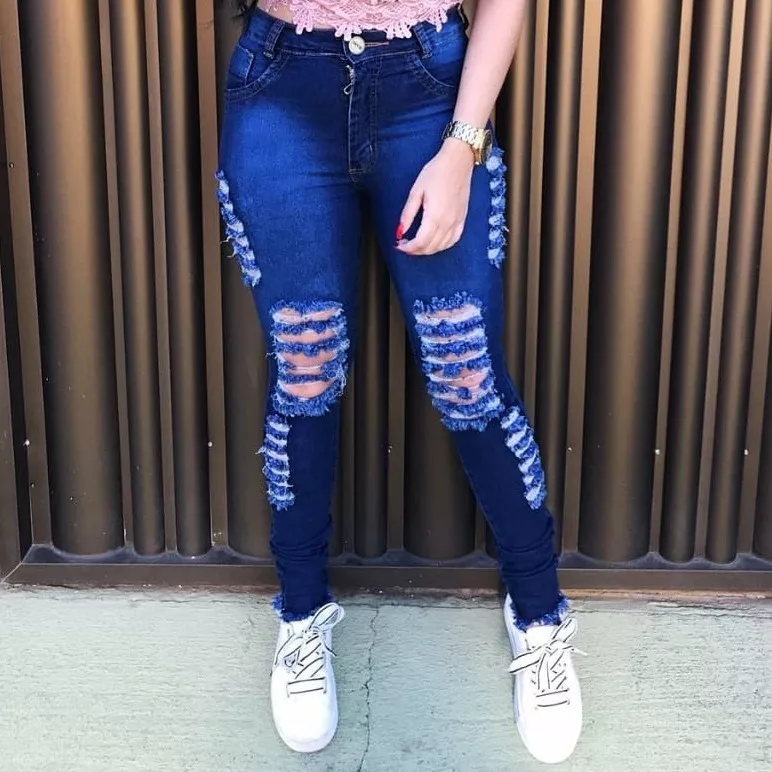 calça jeans escura cintura alta