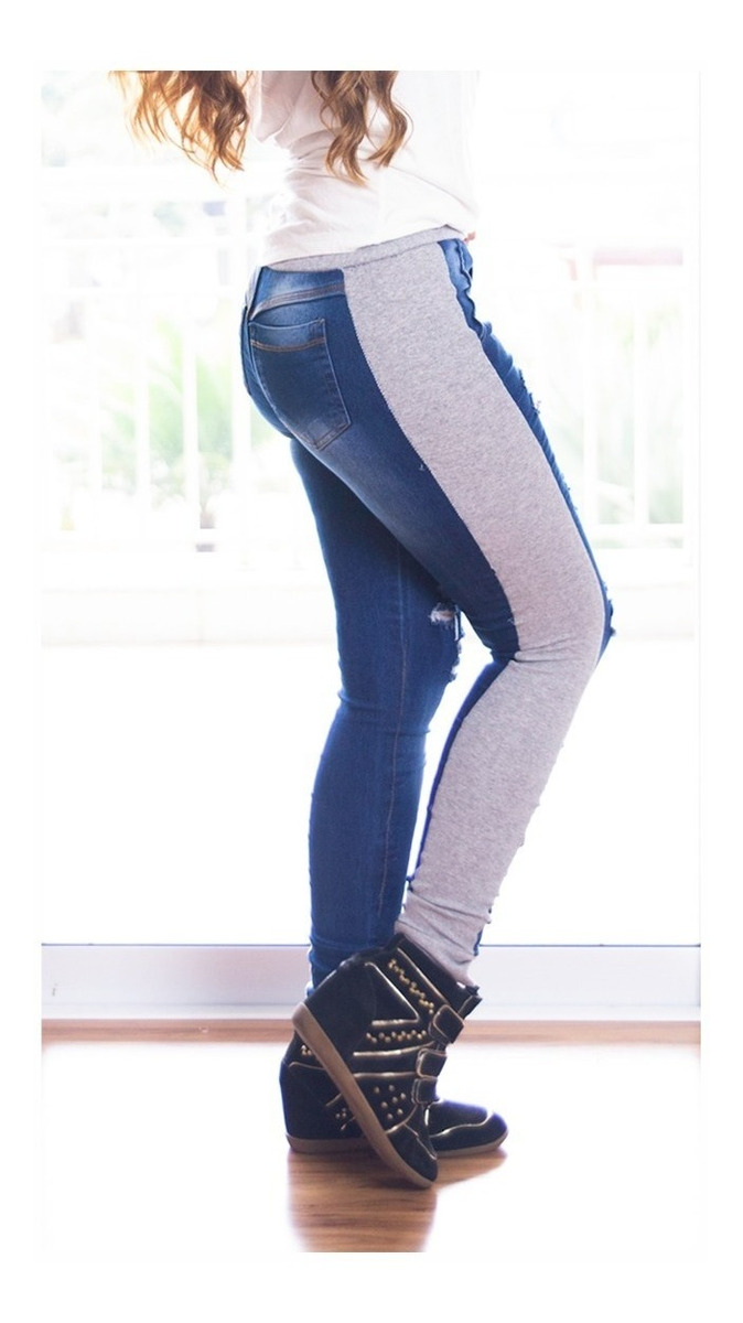 calça jeans com moletom na lateral