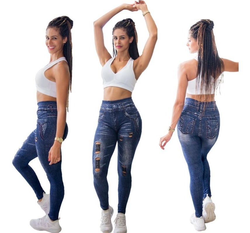 calça legging jeans fake fitness feminino cintura alta