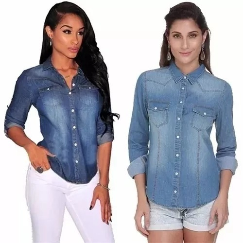 blusa jeans feminina manga longa