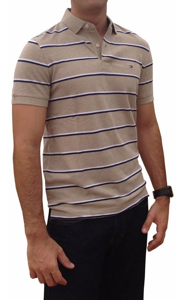 Camisa Gola Polo Tommy Hilfiger Masculina 100% Original Importada Listrada Bege, Preto E Branco Custom Fit Tam P P46 - R$ 149,90 em Mercado Livre