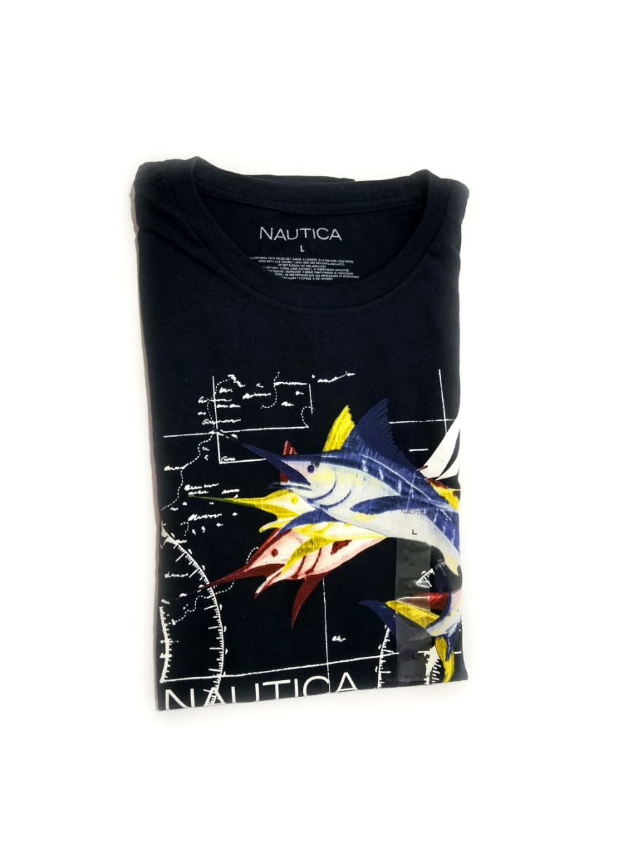Camisa Nautica Masculina Original Azul Com Desenho De