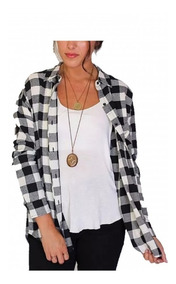 camisa a cuadros negra con blanco mujer