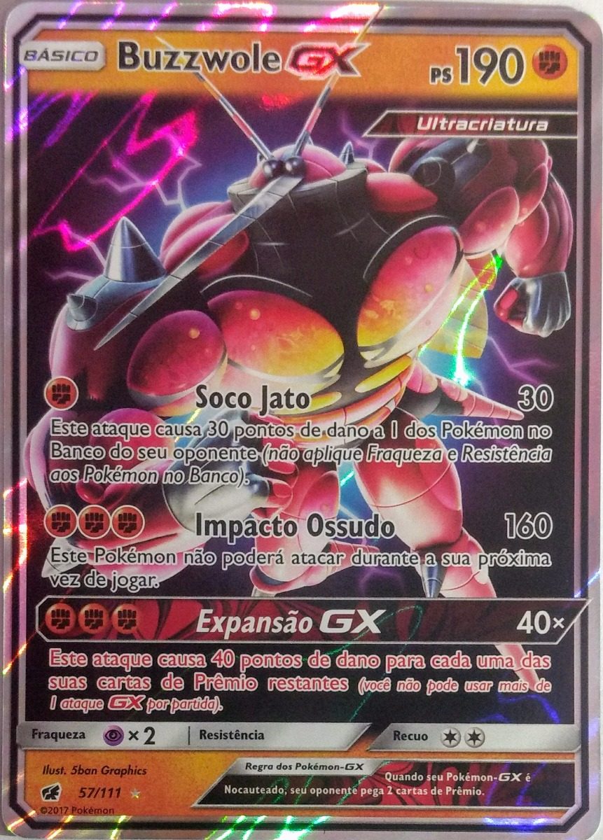 Carta Pokémon Buzzwole Gx 57/111 Invasão Carmim - R$ 54,99 