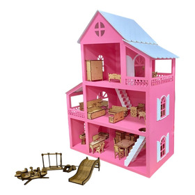 Casa Casinha De Boneca Rosa Mdf + Mini Móveis Montados Polly