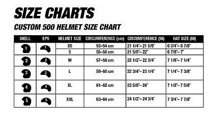 Bell Custom 500 Size Chart