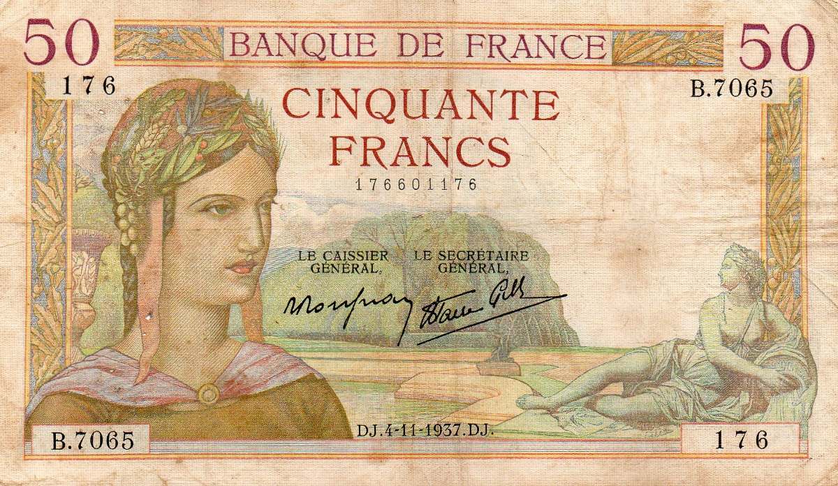 Cédula França 50 Francos 1937 2ª Guerra Mundial Bom Estado 