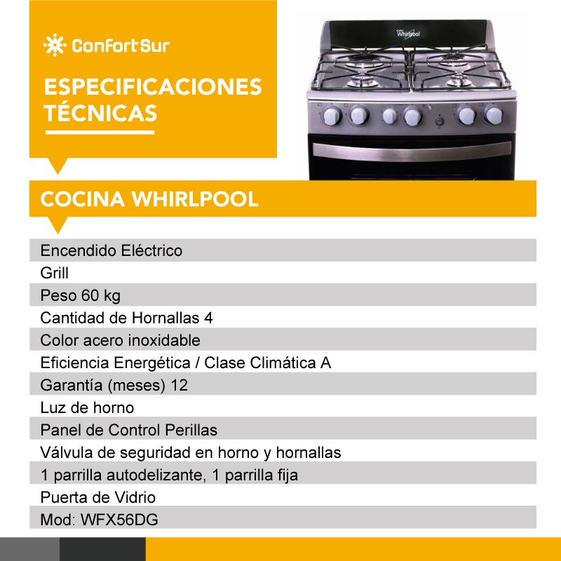 Cocina Whirlpool 4 Hornallas 55cm Grill Wfx56dg 10 66 218 77