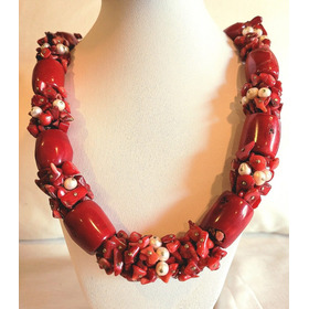 Collar Gargantilla Cadena Coral Rojo Natural Y Perlas De Río